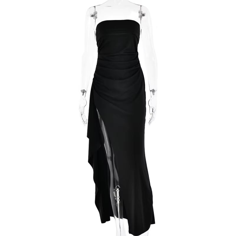 Black Off-Shoulder Strapless Backless High Split Maxi Dress for Women Sleeveless Bodycon Club Party Evening Long Dress Clothes