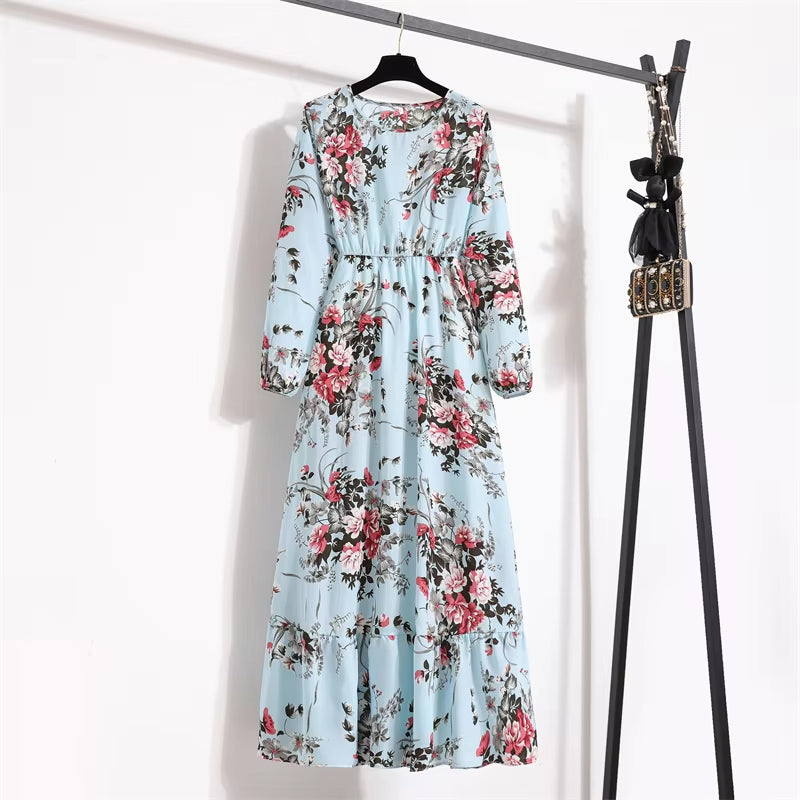 Spring Summer Women Maxi Dresses Casual Full Sleeve Floral Printed O-Neck Woman Bohe Beach Party Long Dress Mujer Vestidos