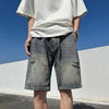 Summer New Men Distress Vintage Cargo Denim Shorts Harajuku Streetwear Fashion Straight Baggy Casual Knee Length Short Jeans