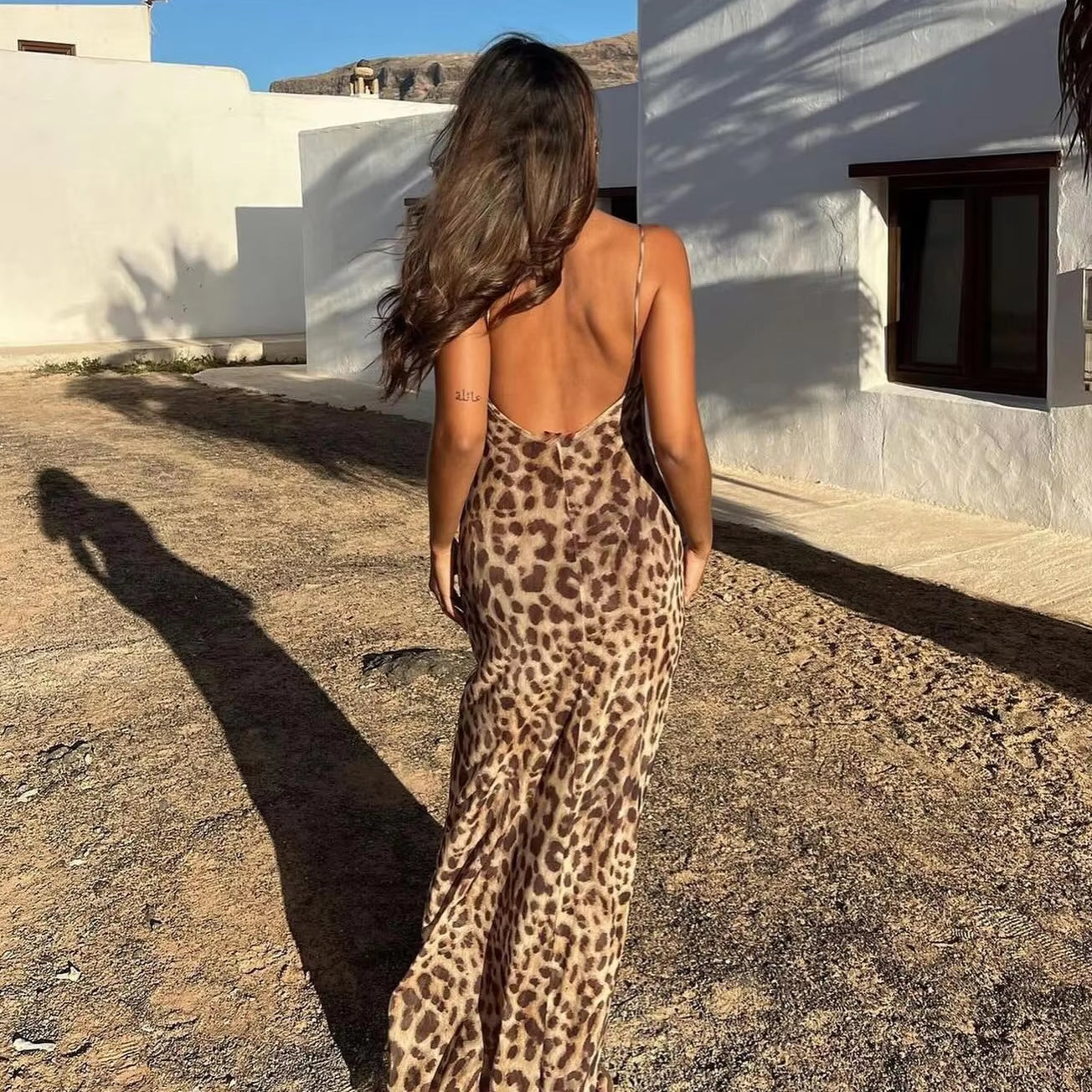 Summer Women'S Sexy Vintage Leopard Print Tulle Long Dress Fashion Backless Slip Dresses Female Elegant Slim Party Maxi Dress