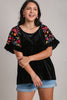 Umgee Full Size Velvet Embroidery Short Sleeve Blouse