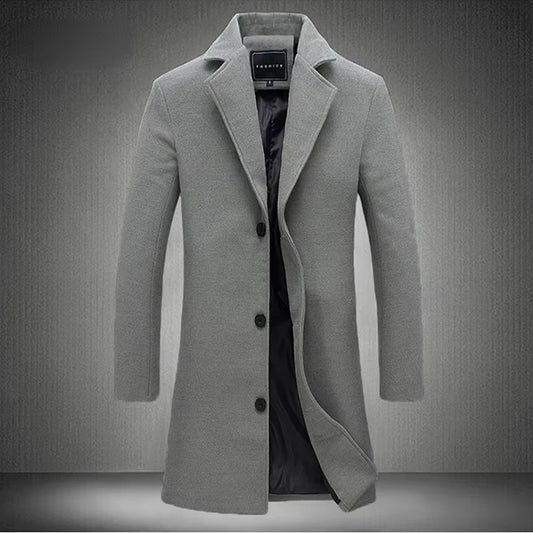 2024 Autumn Winter New Wool Men Long Cotton Coat Blend Pure Color Casual Business Fashion Slim Windbreaker Jacket Men Clothing