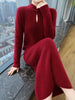 100% Pure Mink Cashmere Knitted Dress Women Stand up Collar Button Long Skirts Casual High Waist over Knee Dress New Thick Skirt