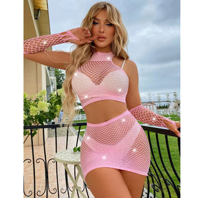 Sexy Lingerie Women Skirt Mini Dress Diamonds Tights Teddies Open Crotch Bodysuit Women Porno Sleepwear Underwear Pink Dress