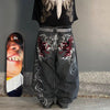 Y2K New Street Harajuku Pattern Jeans Black Baggy Jeans Hip Hop Retro Style Denim Pants Men'S and Women'S High Waist Wide Pants