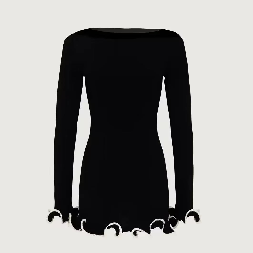 Autumn New Knitted Mini Dress for Women Fungus Contrast Color Slim Sweater Dress Elegant Female Party Clothes Long Sleeve