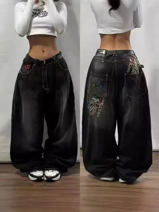 New American Trend Vintage Hip Hop Letter Embroidery Pattern Baggy Jeans Men and Women Y2K Harajuku Gothic Wide Pants Streetwear