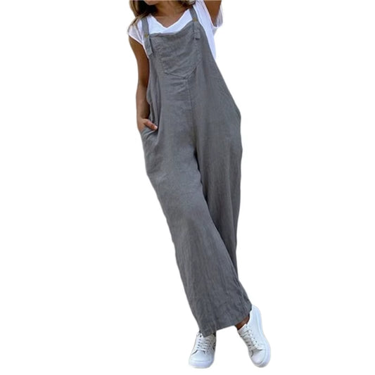 Summer Jumpsuit for Women Solid Color Jumpsuit Casual Long Pant Pockets Button Wide Leg Strap Jumpsuit Loose Rompers Overalls