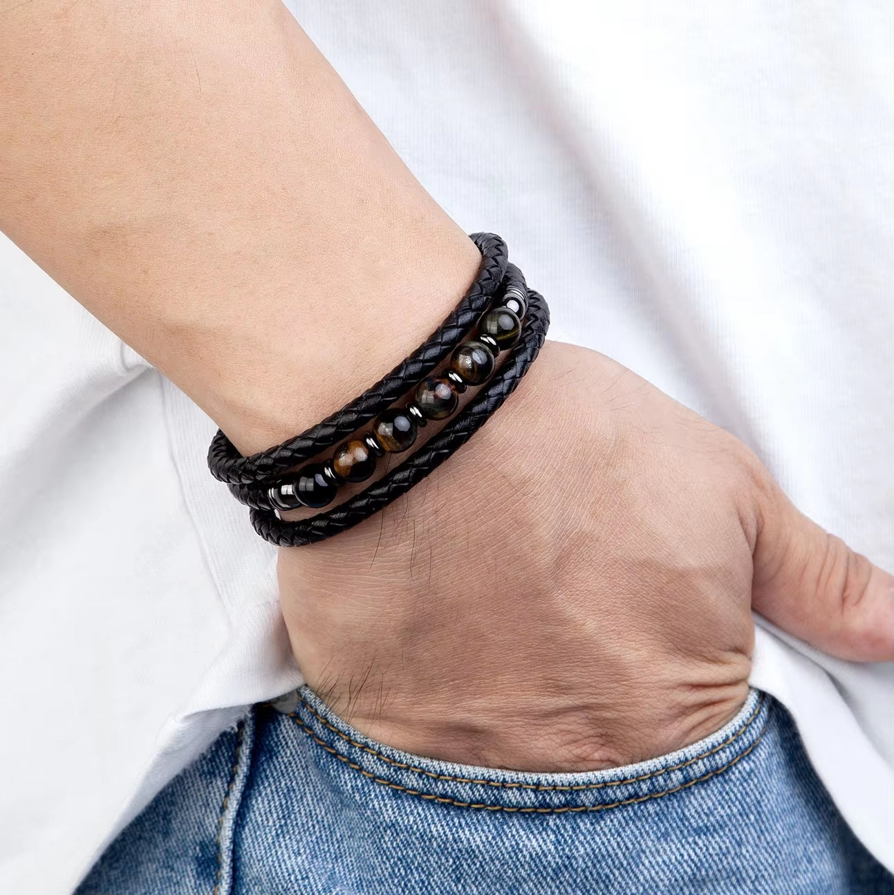 2021 Trendy Multilayer Leather Bracelets Men Jewelry 9 Style round Stone 8Mm Beaded Bracelets for Male Women Valentine Day Gifts