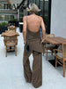 Women Vintage Solid Pant Sets Sexy Backless Halter Camis Top Asymmetric Tank Top + Drawstring Trousers Fashion Streetwear