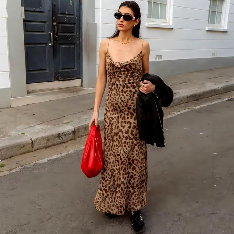 Vintage Leopard Print Chiffon Sexy Cami Dress Women V Neck Sleeveless Party Dress Fashion 2024 Summer Streetwear Dress