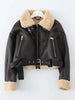 Winter Women Streetwear Faux Lamb Leather Fur Short Jacket with Belt Moto Biker Thick Warm Sheepskin Coat Outwear