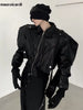 Spring Autumn Cool Handsome Short Oversized Black Pu Leather Jacket Men with Shoulder Pads Long Sleeve Zipper 2023