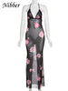 See through Halter Dress Women Trend Rose Print Fit Backless Sexy V-Neck Skinny Vacation Beach Party Slim Maxi Vestidos