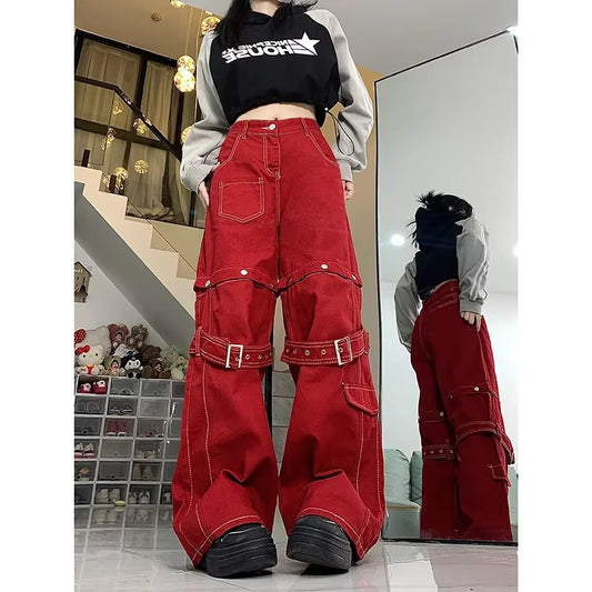 Chic Hip-Hop Women Red Cargo Pants 2-In-1 Detachable Baggy Jeans Y2K Wide Leg Trousers 90S Retro Streetwear