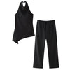 Women Vintage Solid Pant Sets Sexy Backless Halter Camis Top Asymmetric Tank Top + Drawstring Trousers Fashion Streetwear