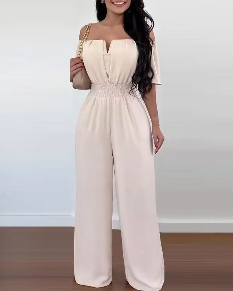 Summer Elegant off Shoulder Women'S Jumpsuit 2024 Fashion Trend Casual Short Sleeve Wide Leg Pants Jumpsuits for Women Overalls