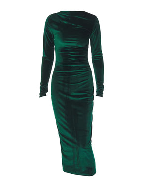 2024 Spring Summer Velvet Long Sleeve Midi Dress for Women Ruched Long Dress Elegant Party Clothes Evening Green Outfits