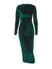 2024 Spring Summer Velvet Long Sleeve Midi Dress for Women Ruched Long Dress Elegant Party Clothes Evening Green Outfits