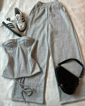 Womens Two Piece Y2K Clothing Gothic Fashion Harajuku Sexy Slim Tube Top Retro Gray High Waisted Sweatpants Casual Suit