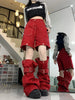 Chic Hip-Hop Women Red Cargo Pants 2-In-1 Detachable Baggy Jeans Y2K Wide Leg Trousers 90S Retro Streetwear