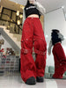 Chic Hip-Hop Women Red Cargo Pants 2-In-1 Detachable Baggy Jeans Y2K Wide Leg Trousers 90S Retro Streetwear