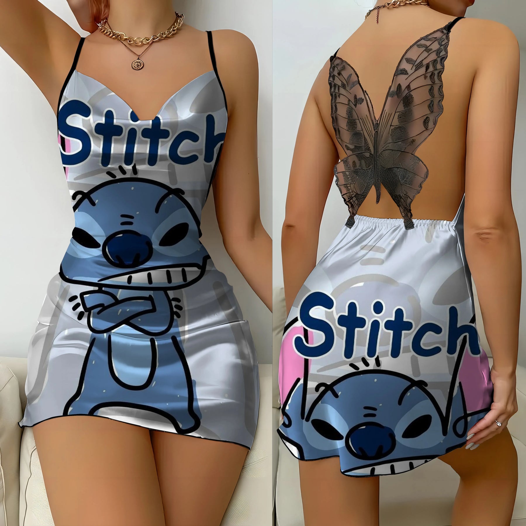 Bow Knot Party Dresses Mini Dress Disney Stitch Pajama Skirt Satin Surface Womens Fashion Summer 2024 Sexy Lace Backless Disney