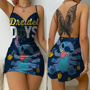 Bow Knot Party Dresses Mini Dress Disney Stitch Pajama Skirt Satin Surface Womens Fashion Summer 2024 Sexy Lace Backless Disney