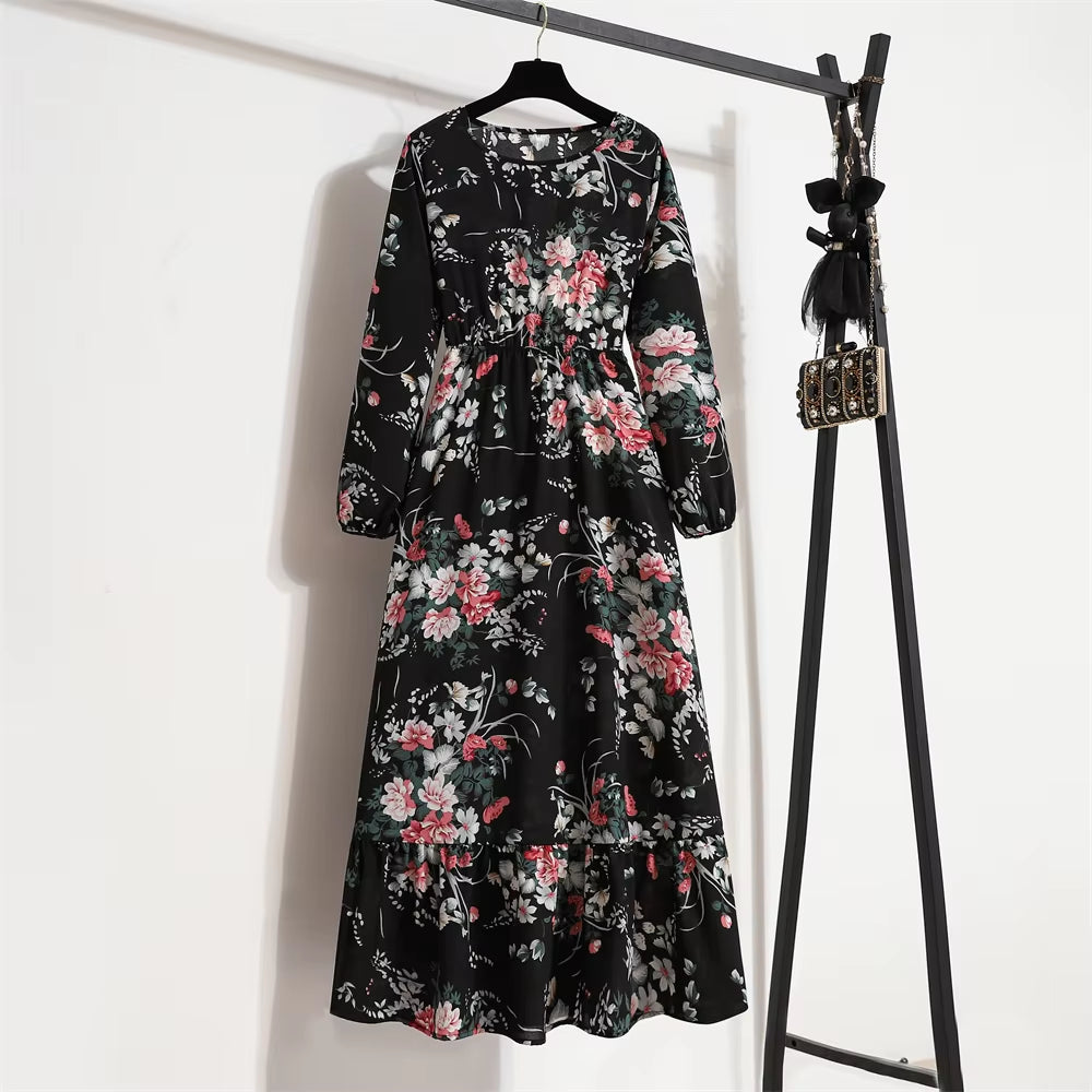 Spring Summer Women Maxi Dresses Casual Full Sleeve Floral Printed O-Neck Woman Bohe Beach Party Long Dress Mujer Vestidos