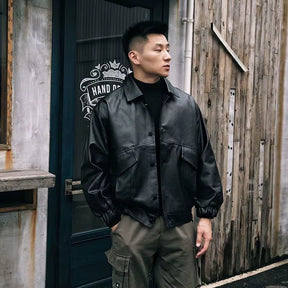 New Retro Youth Soft Leather Men'S Loose Korean Lapel Locomotive Suit Tactical Bomber Jacket Handsome Oversized Streetwear Coat