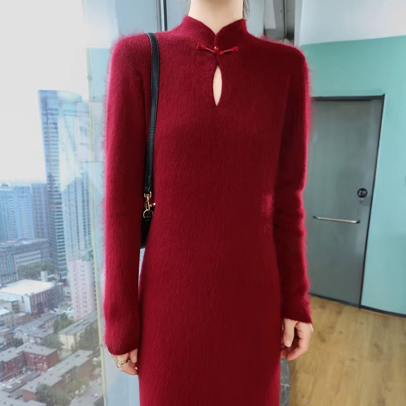 100% Pure Mink Cashmere Knitted Dress Women Stand up Collar Button Long Skirts Casual High Waist over Knee Dress New Thick Skirt