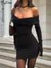 Black Slash Neck Long Sleeve Backless Sexy Elegant Slim Mini Prom Dress Winter Famale Clothes Evening Party Festival