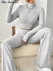 Street Knitted Pullover Trousers Suit Women Slim Half High Collar Full Sleeve Tops Solid Pants 2025 Spring New Lady Sport Outfit