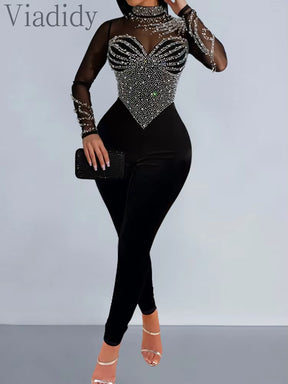 Pearls Rhinestone Romper for Women Jumpsuits Mesh See through Skinny One Piece Overalls