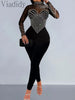 Pearls Rhinestone Romper for Women Jumpsuits Mesh See through Skinny One Piece Overalls