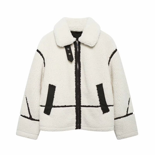 RZRA2024 New Winter Women'S Clothing Contrast Color Stripe Fleece Double-Sided Lapel Jacket Fashionable Warm Versatile