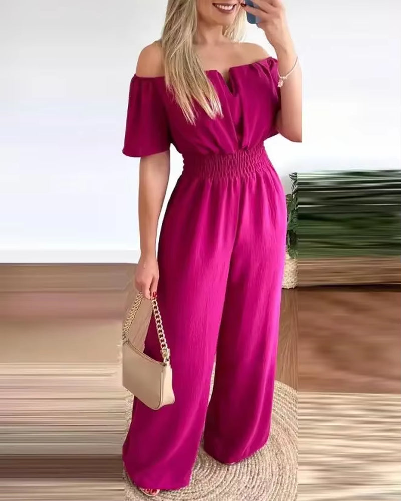 Summer Elegant off Shoulder Women'S Jumpsuit 2024 Fashion Trend Casual Short Sleeve Wide Leg Pants Jumpsuits for Women Overalls