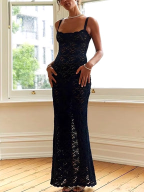 Elegant Lace See through Maxi Dress Women Summer Sexy Spaghetti Straps Bodycon Wedding Party Dresses 2023 Black Split Long Dress