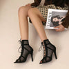 Sexy High Heels Hollow Mesh Sandals Women Summer Cross-Tied Peep Toe Heeled Sandals Ankle Strap Dance Shoes Black Net Sandals