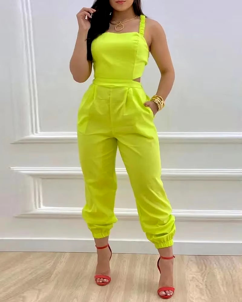 Elegant Women'S Jumpsuit 2024 Summer Fashion Strap Hollow Sexy off Waist Printed Jumpsuit