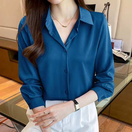 New Elegant Satin Shirts Solid Color Ladies Shirts Fashion Causal Women'S Blouses Long Sleeve Shirts Tops Blusas Mujer