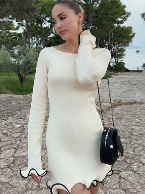 Fashion Women'S Knit Mini Dress Ruffled Autumn High Waist Elegant Slim Party Dress Patchwork Knitwear Sweater Female Dress