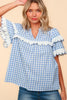 Haptics Full Size Plaid Scallop Hem Notched Short Sleeve Blouse