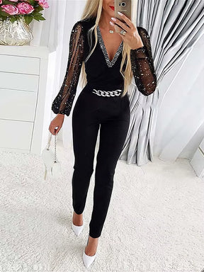 Jumpsuits Women One Piece V Neck Full Sleeve Tight High Waist Overalls Casual Sheath Long Pencil Pants Rompers Slim Fit