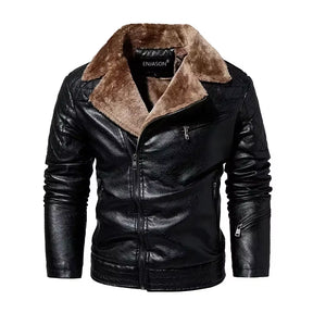 Fashion Warm Winter Men'S Leather Jacket with Fur Collar Thicken Fleece Motorcycle Coat Casual Faux Leather Locomotive Jacket