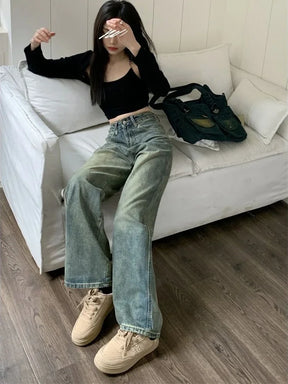 Y2K Baggy Wide Leg Jeans Women Vintage Streetwear Washed Denim Pants Grunge Basic Slouchy Blue Trousers Femme Autumn