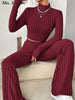 Street Knitted Pullover Trousers Suit Women Slim Half High Collar Full Sleeve Tops Solid Pants 2025 Spring New Lady Sport Outfit