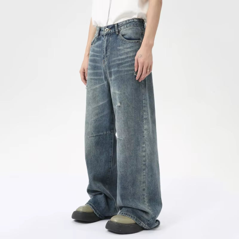 American Style Men'S Denim Pants Washing Fashion Loose Men'S Straight Trousers Casual Wide Leg Jeans New Summer 2024 9C6303