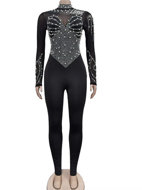 Women'S Sheer Mesh Crystal Jumpsuits One Piece Outfits Glam Fitted Long Sleeve Pearls Rhinestone Rompers Club Overalls