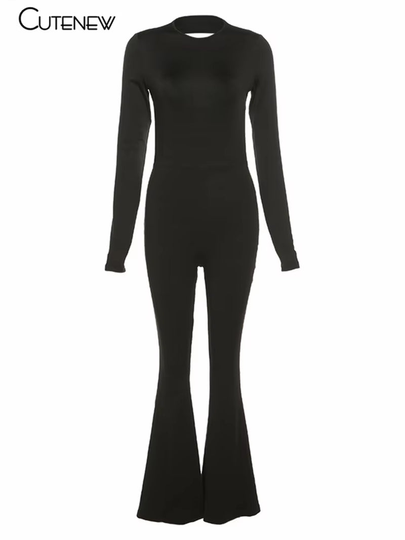 Solid Black Sexy Backless Bodycon Wide Leg Jumpsuit Women Autumn Casual Slim Long Sleeve O-Neck Playsuit Lady Streetwear